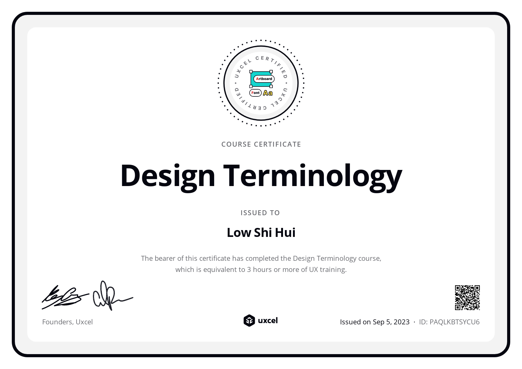 Low Shi Hui's certificate